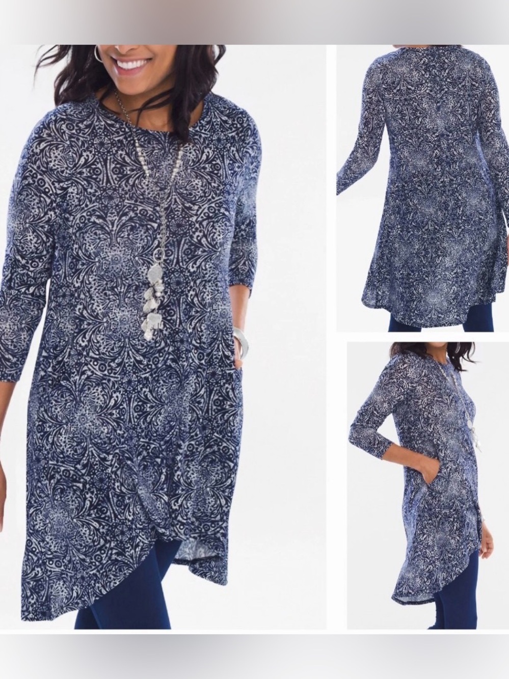 CHICO'S Tunic Top Women's Size S/4 Blue Hi Lo Pockets Medallion Button Back
